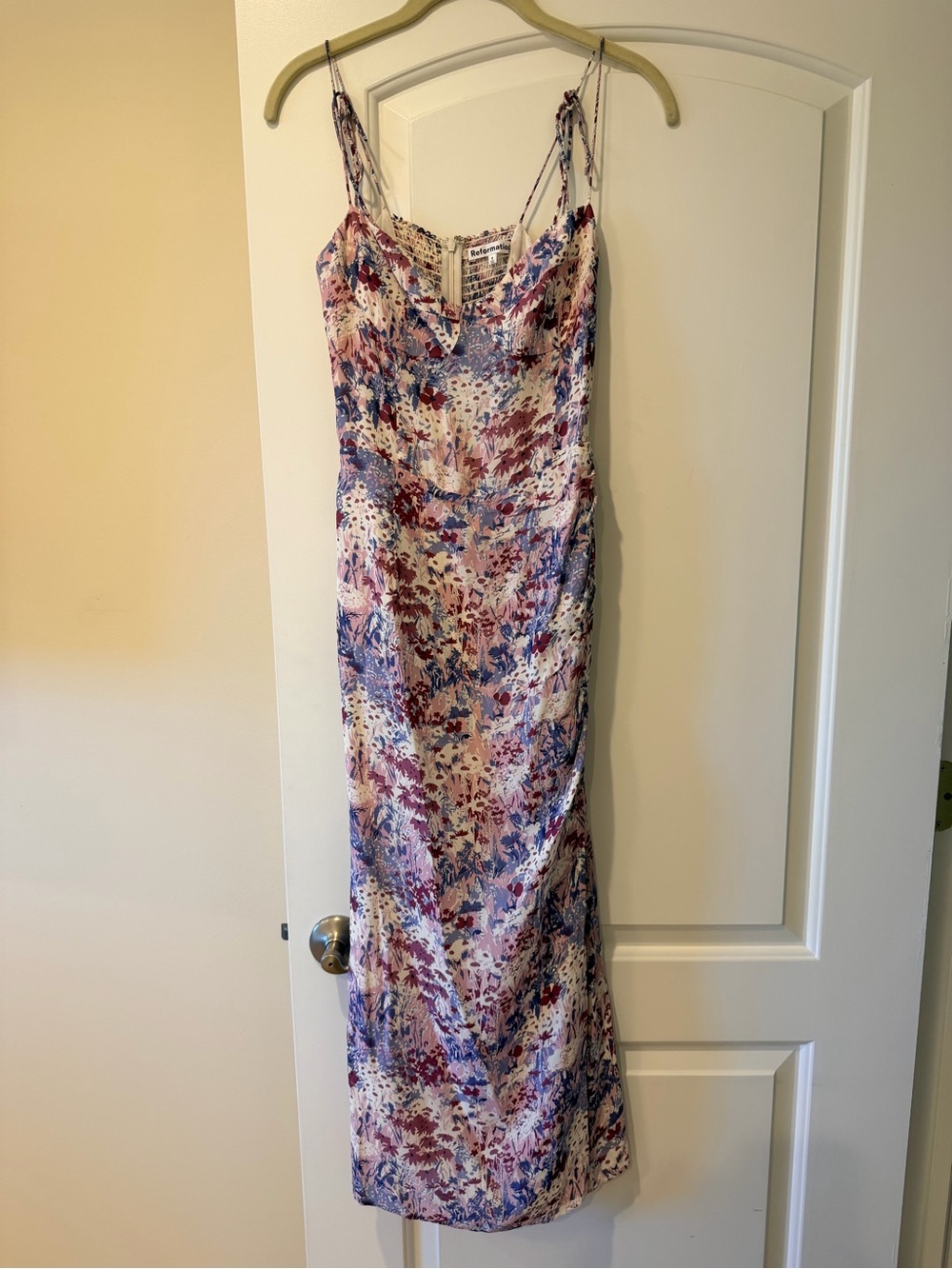 Reformation Floral Satin Maxi Slip Dress in Lavender, Pink and Cream